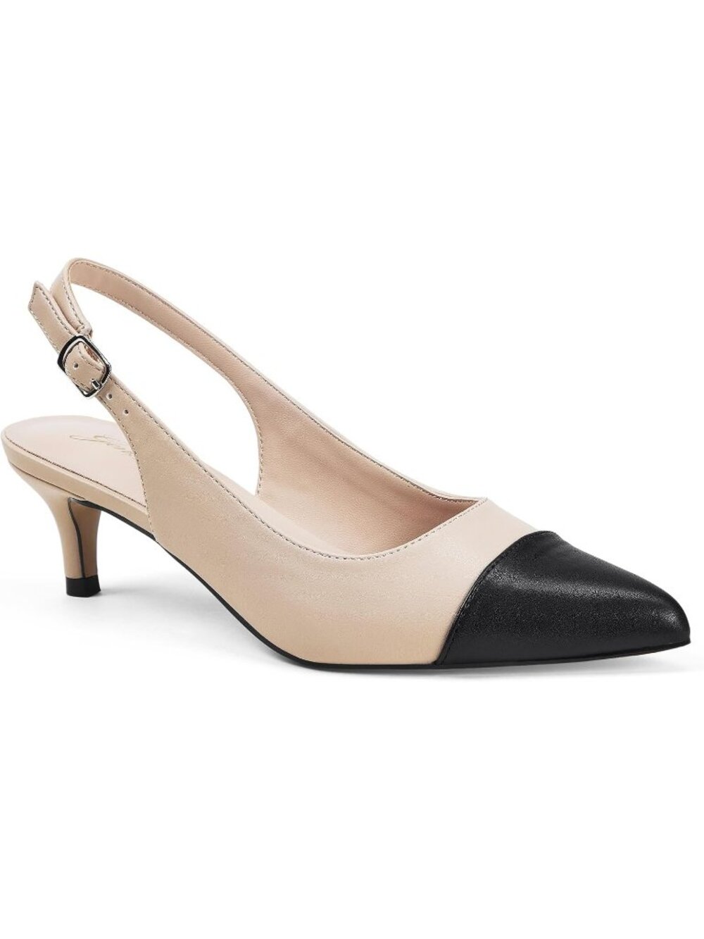 Women's Black And Nude Slingback Pump Pointed Closed Toe Low Kitten Heel Shoes